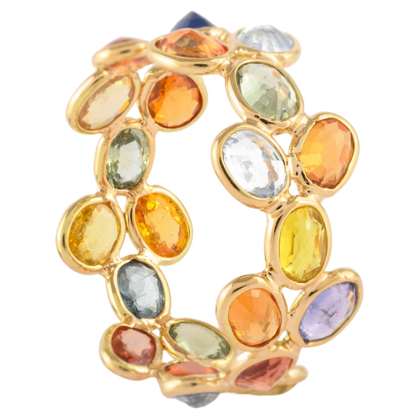 For Sale:  14k Yellow Gold Modern Stackable Multi Sapphire Gemstone Band Ring