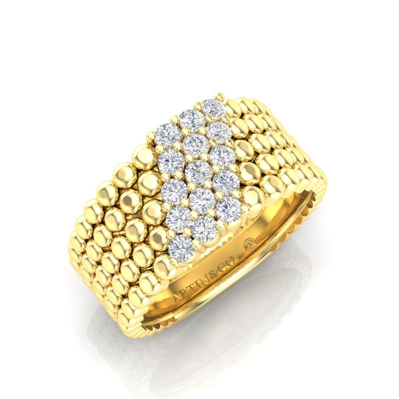 Bague moderne en or jaune 14 carats à trois rangées de perles et diamants sertis à la griffe Pour femmes en vente