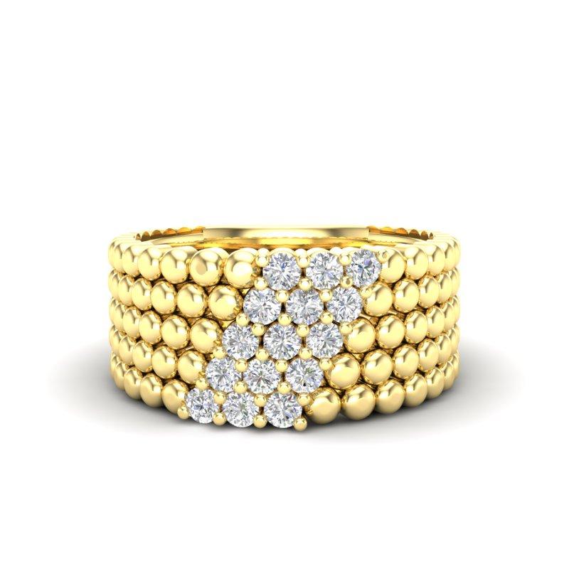 Bague moderne en or jaune 14 carats à trois rangées de perles et diamants sertis à la griffe en vente 2