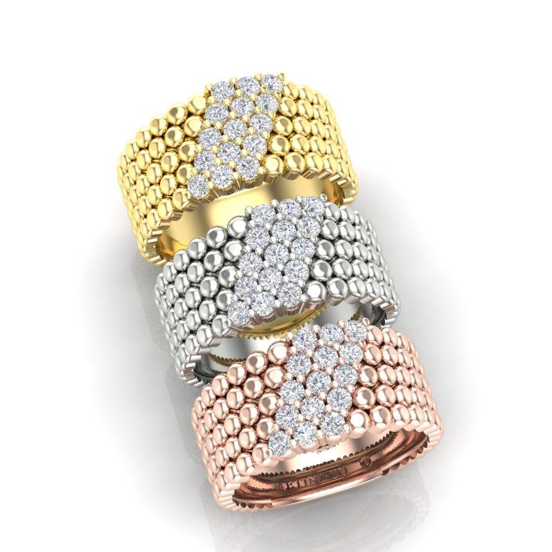 Bague moderne en or jaune 14 carats à trois rangées de perles et diamants sertis à la griffe en vente 3