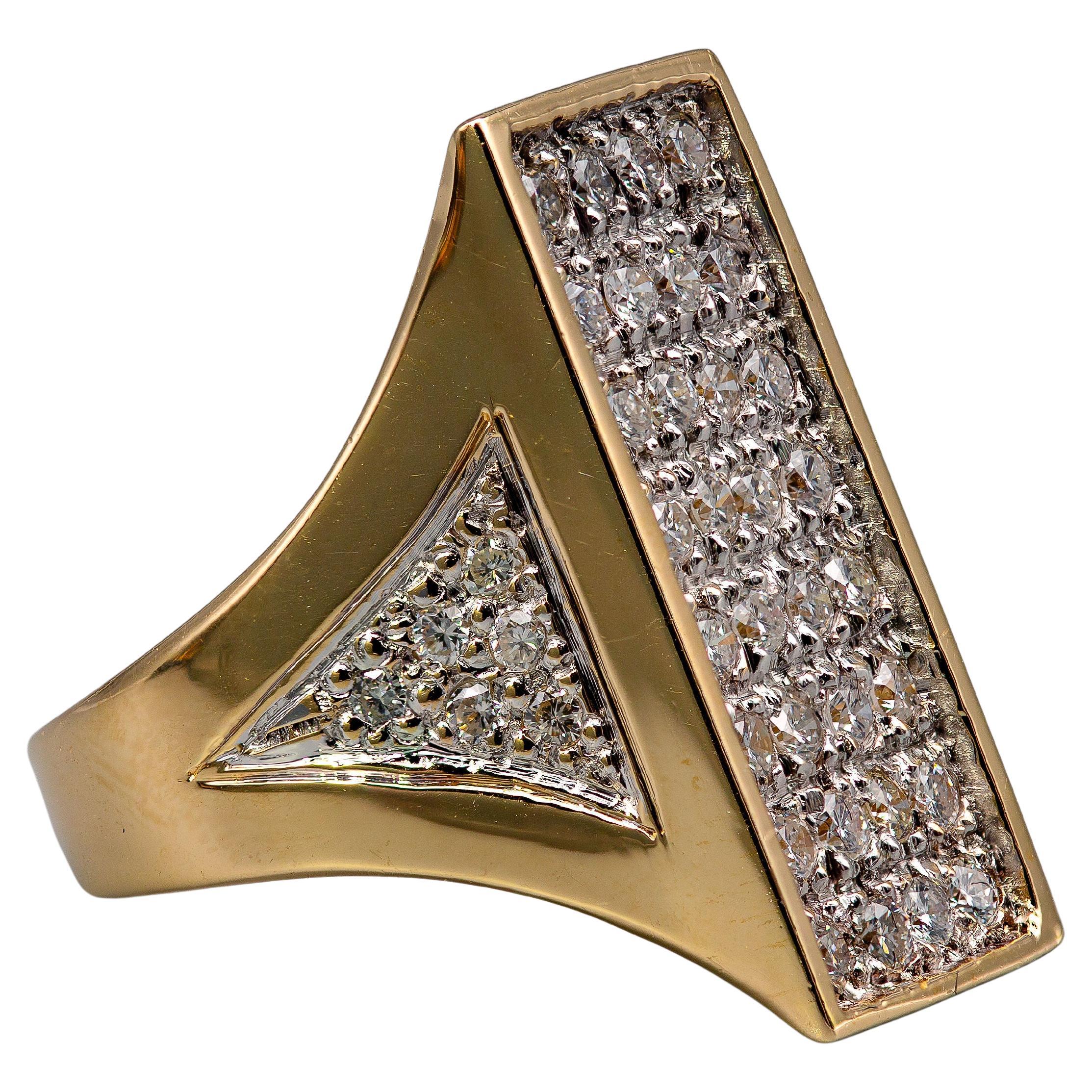 Material: 14k Yellow Gold
Weight: 11.4 grams
Gemstone: Diamonds 0.75 cttw
Dimensions: 24.5mm x 11.7 mm
Size: 5.75 US sizing

This beautiful modernist diamond ring, crafted in luxurious 14k gold, is a bold expression of refined simplicity. The design