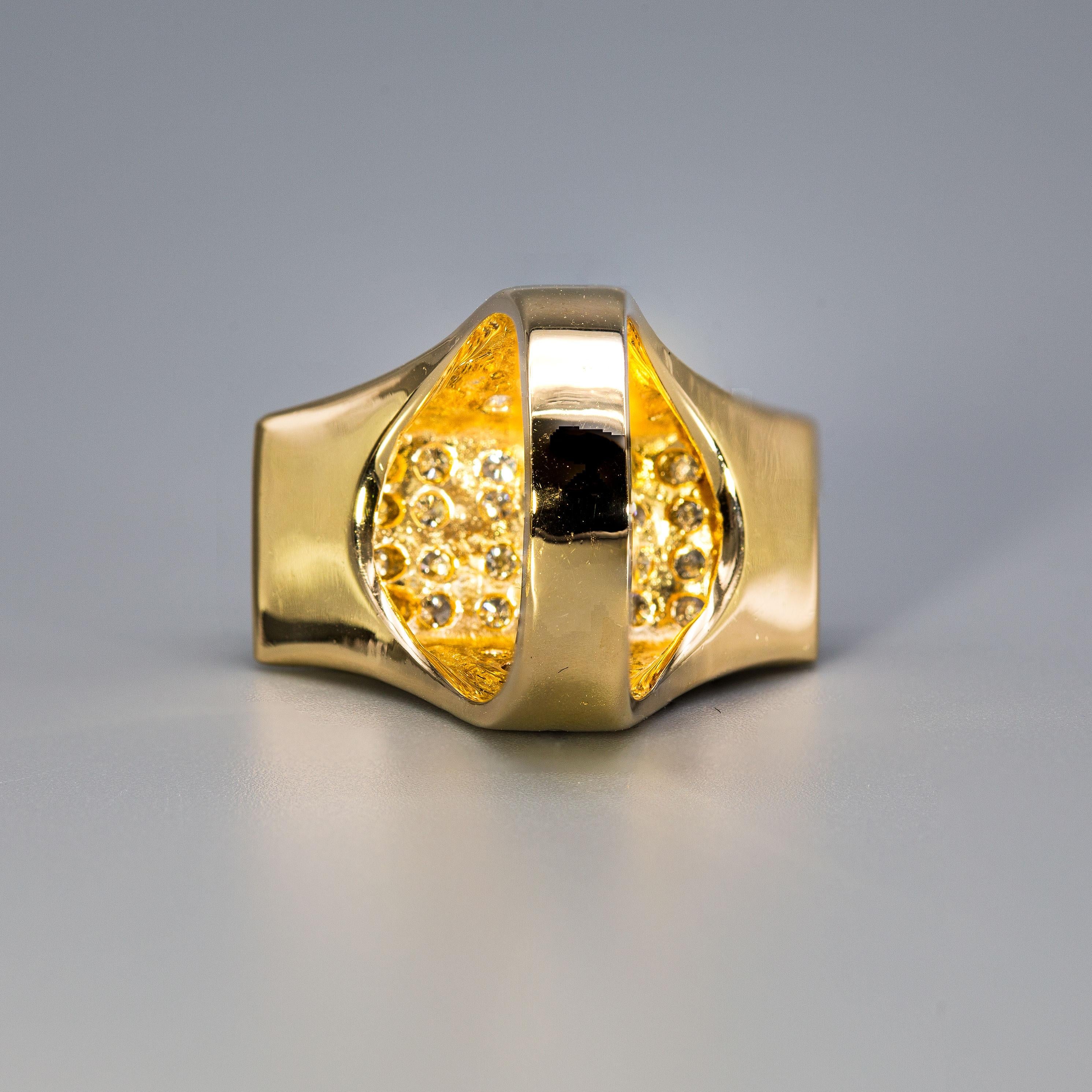 Women's or Men's 14k Yellow Gold Modernist Diamond Ring For Sale