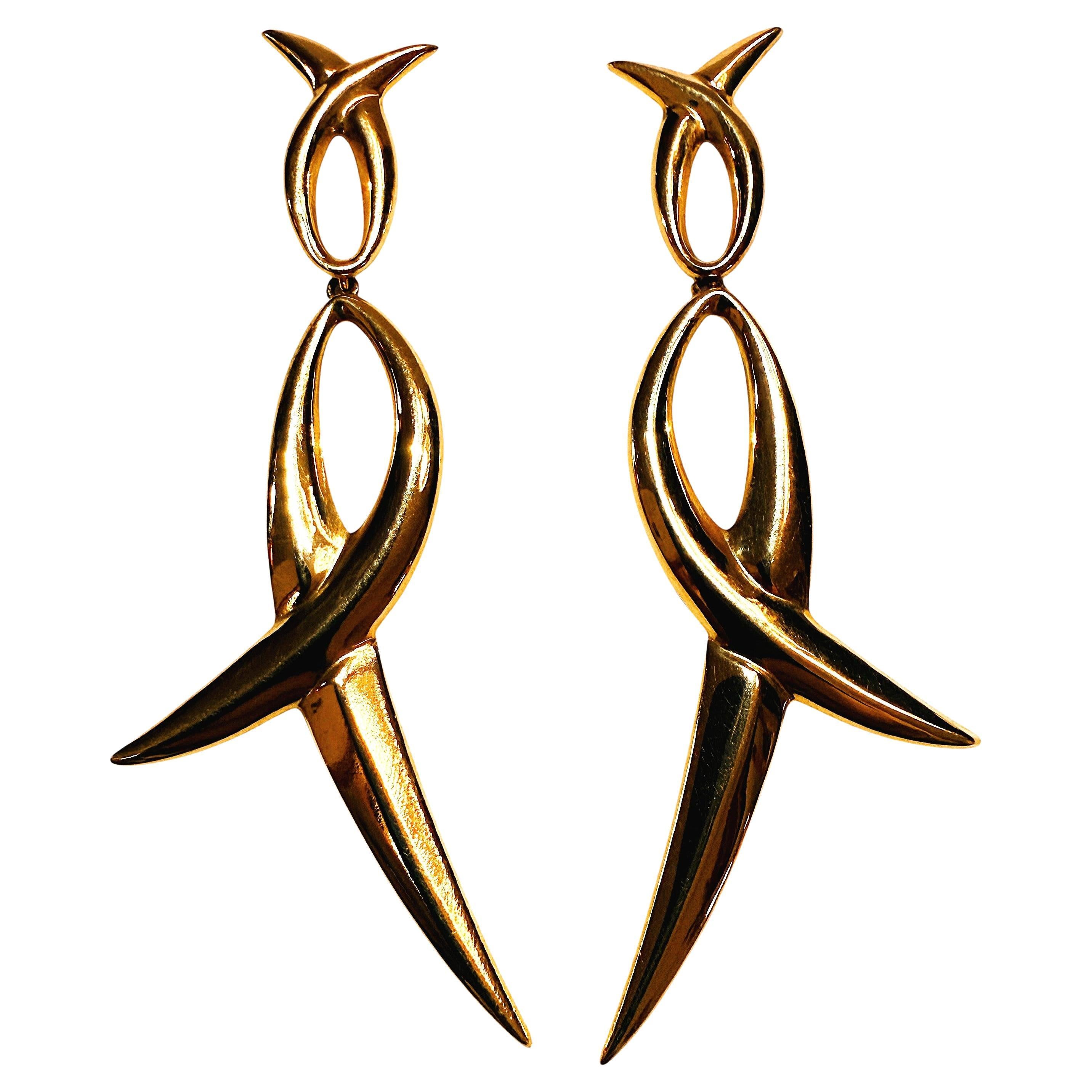 14K Yellow Gold Modernist Post Dangle Earrings 2.25 Inches Long