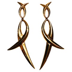 14K Yellow Gold Modernist Post Dangle Earrings 2.25 Inches Long