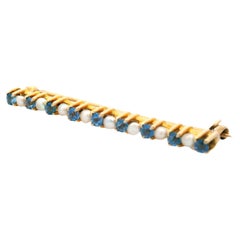 14k Yellow Gold Montana Sapphire and Pearl Bar Pin 1910 Edwardian