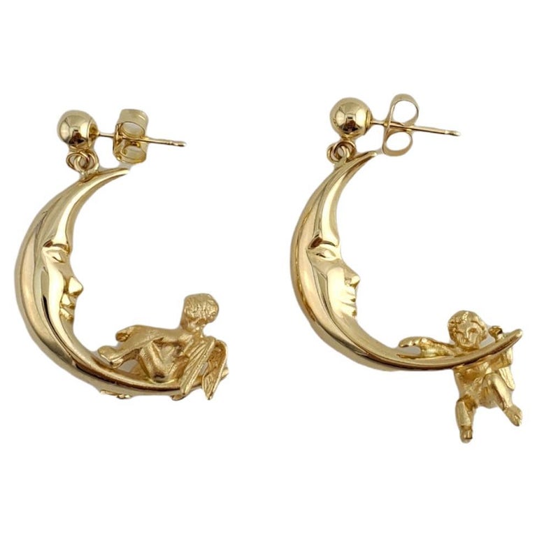 14K Yellow Gold Moon Angel Earrings at 1stDibs