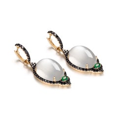 14K Yellow Gold Moon Stones and Black Diamond Earring