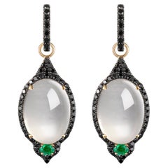 14K Yellow Gold Moon Stones and Black Diamond Earring