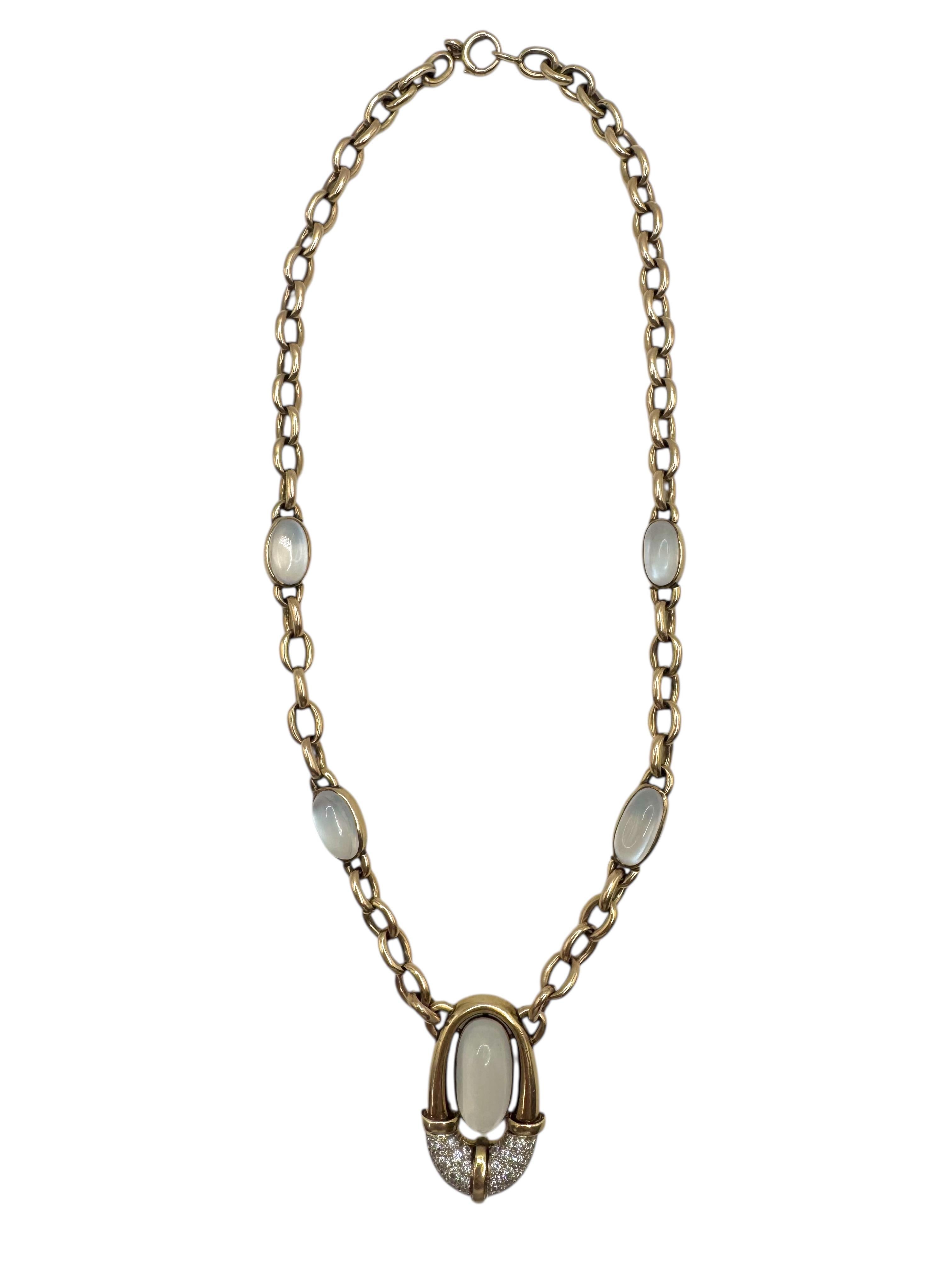 da uomo o donna Collana con pietra di luna e diamanti in oro giallo 14K in vendita