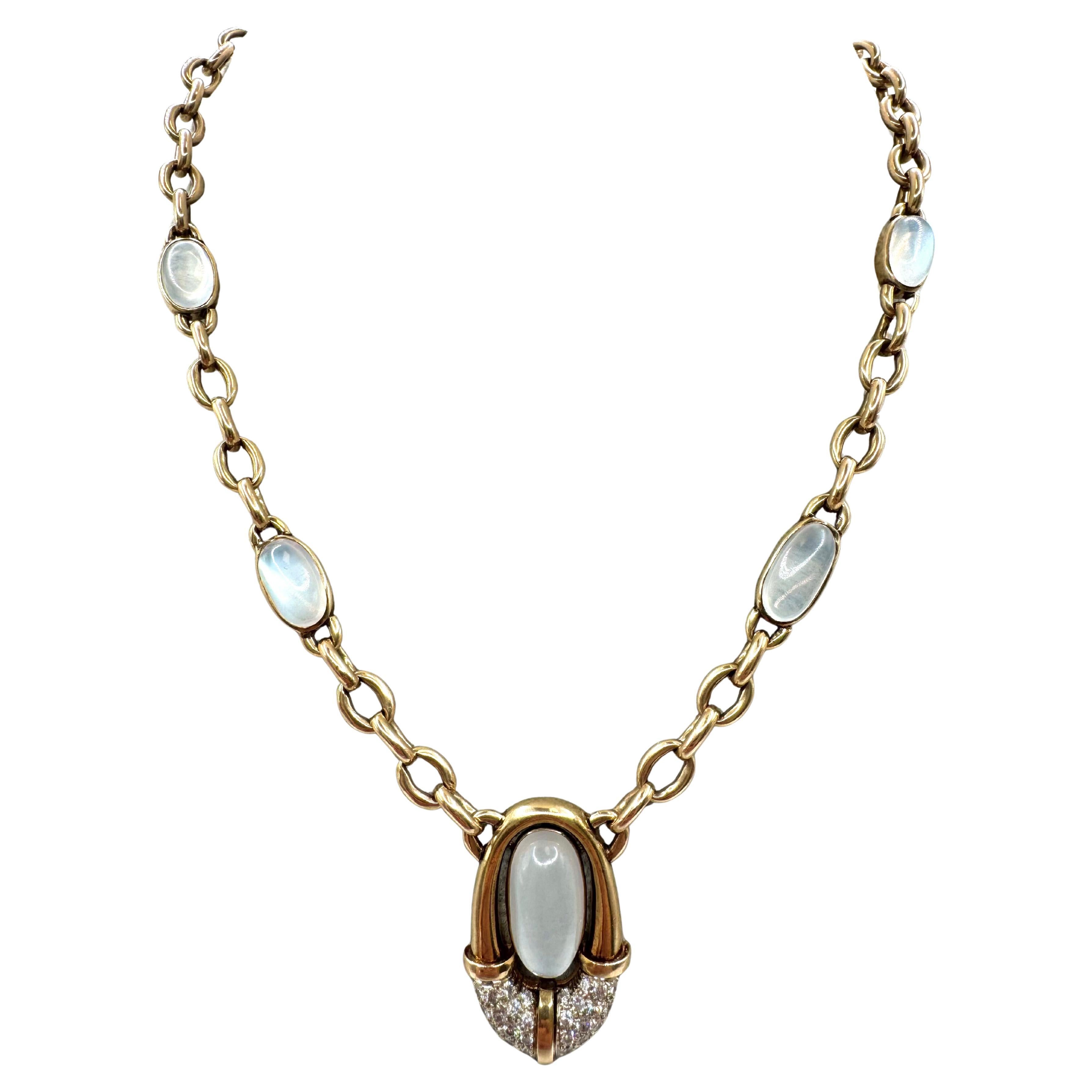 14K Yellow Gold Moonstone and Diamond Necklace