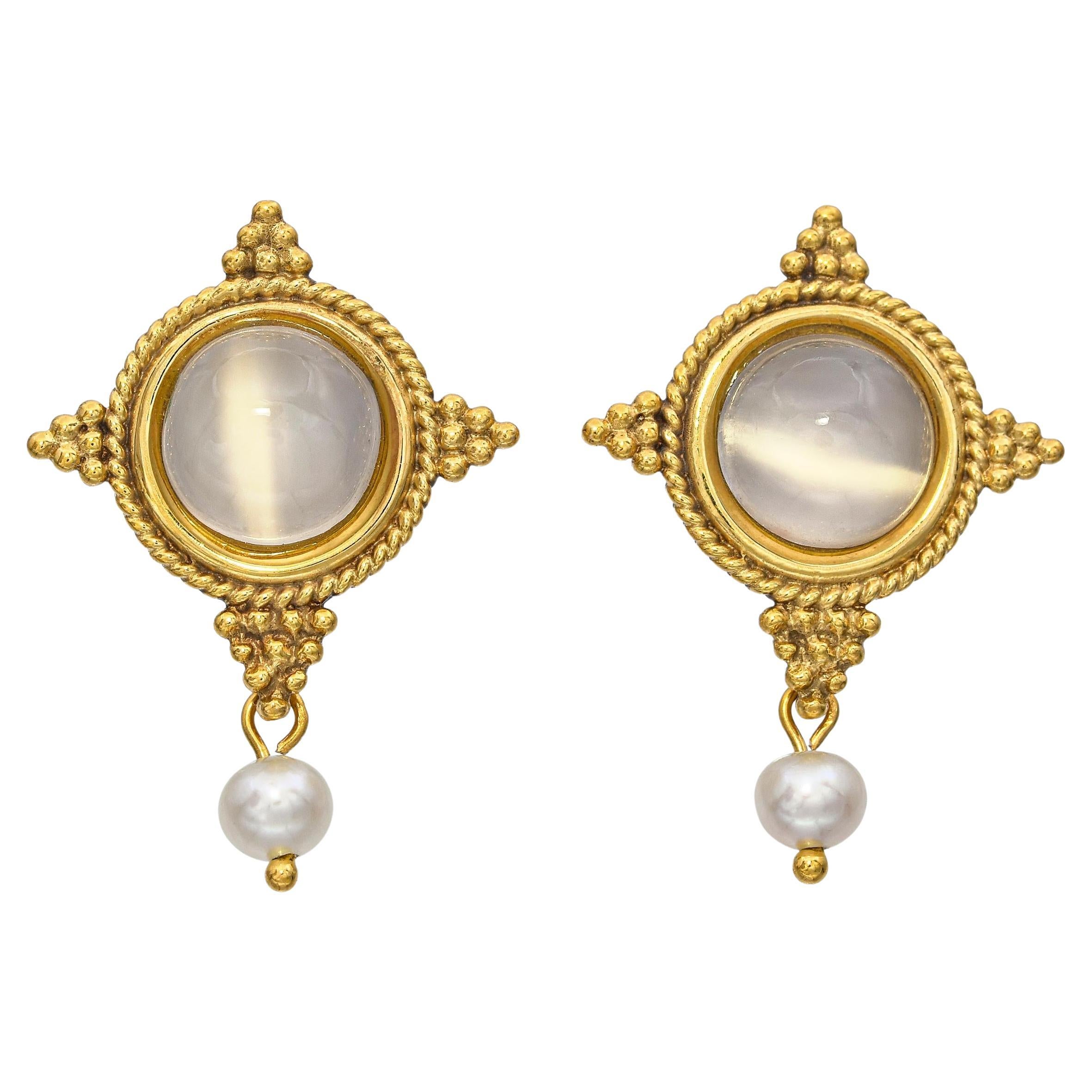 14k Yellow Gold Moonstone and Pearl Earrings For Sale