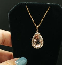 14 Karat Yellow Gold Morganite Diamond Halo Necklace