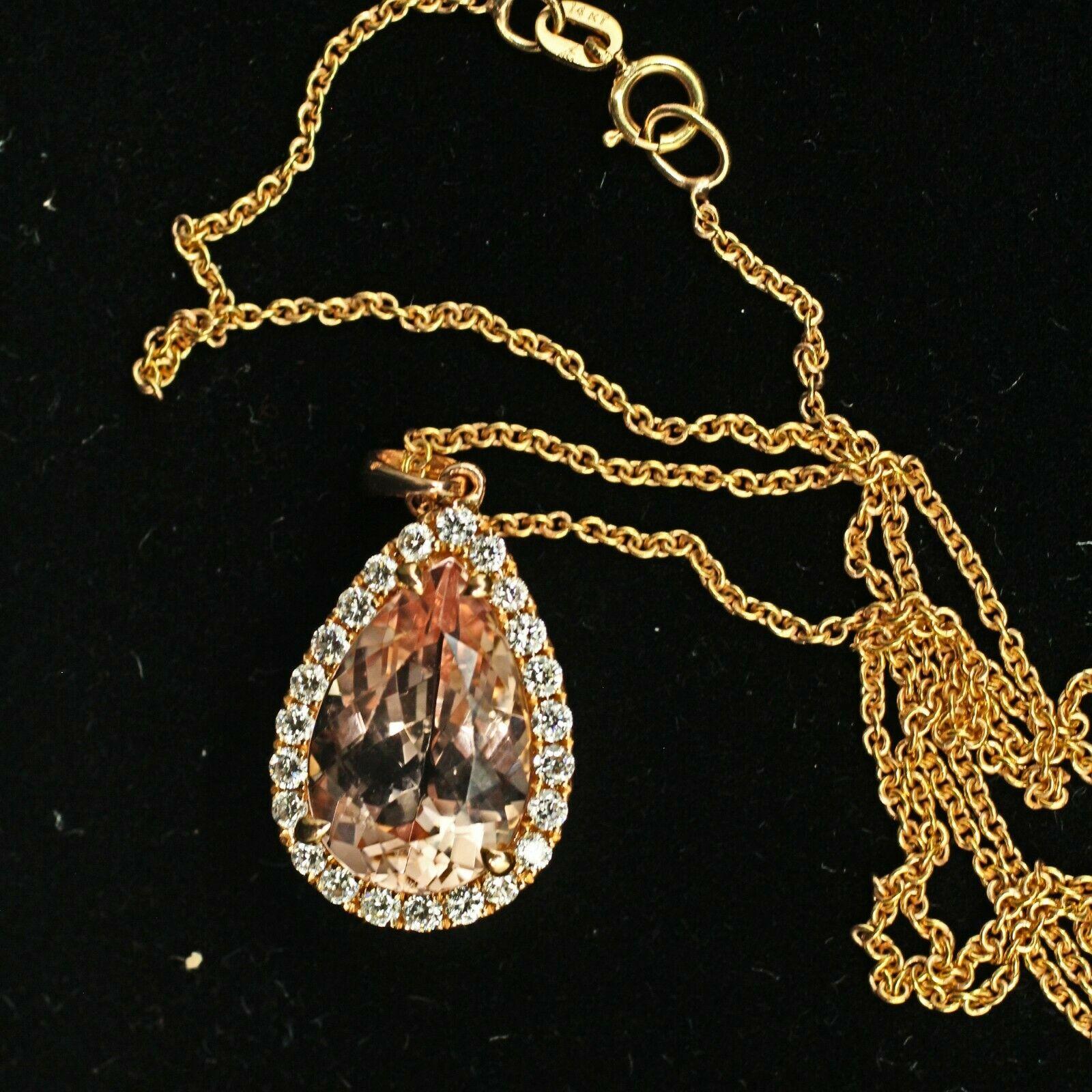 Modern 14 Karat Yellow Gold Morganite Diamond Halo Necklace For Sale