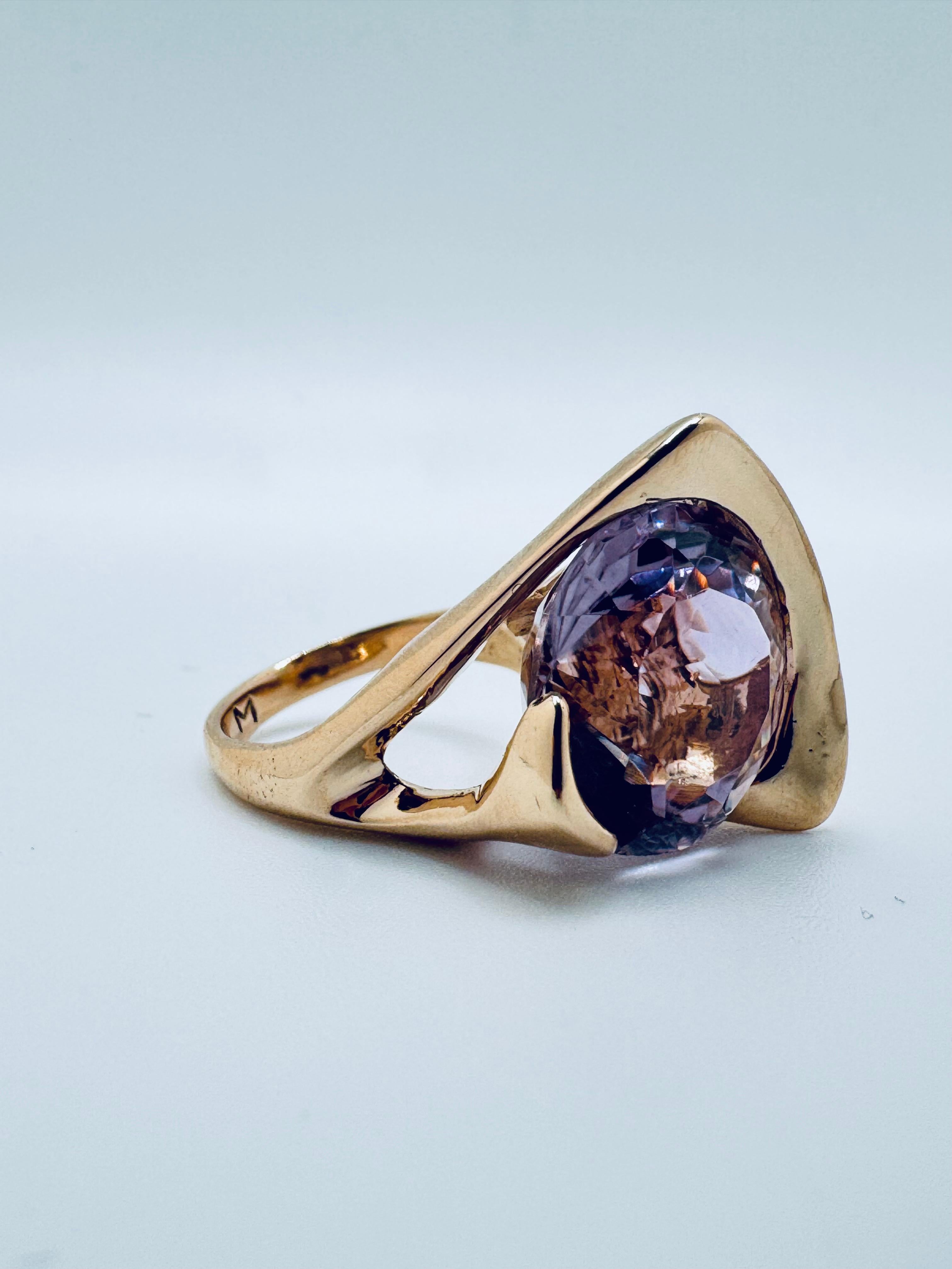 Taille ronde Bague en or jaune 14K Morganite - pierre ronde à facettes de 15mm en vente