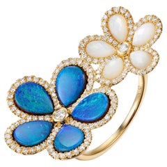 14K Yellow Gold Mother of Pearl and Opal Double Flower Ring