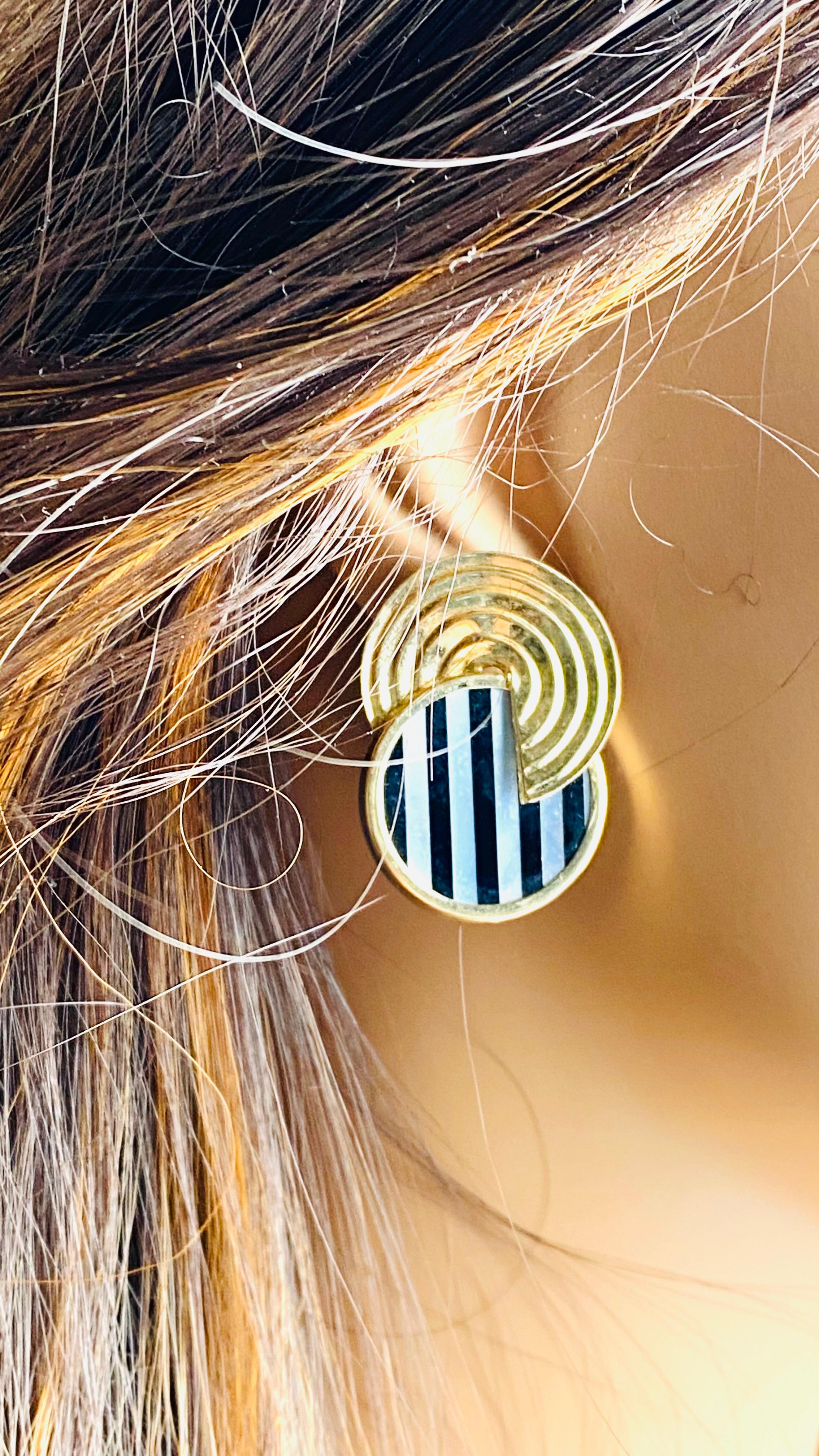 Women's 14K Yellow Gold Mother-of-Pearl, Black Onyx and Sodalite Vintage Stud Earrings For Sale