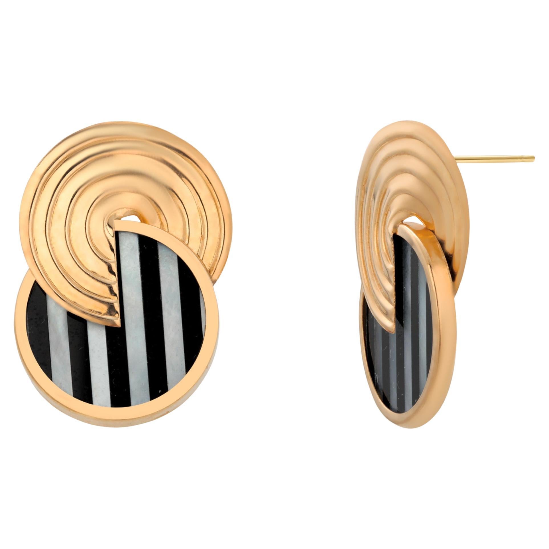 14K Yellow Gold Mother-of-Pearl, Black Onyx and Sodalite Vintage Stud Earrings For Sale
