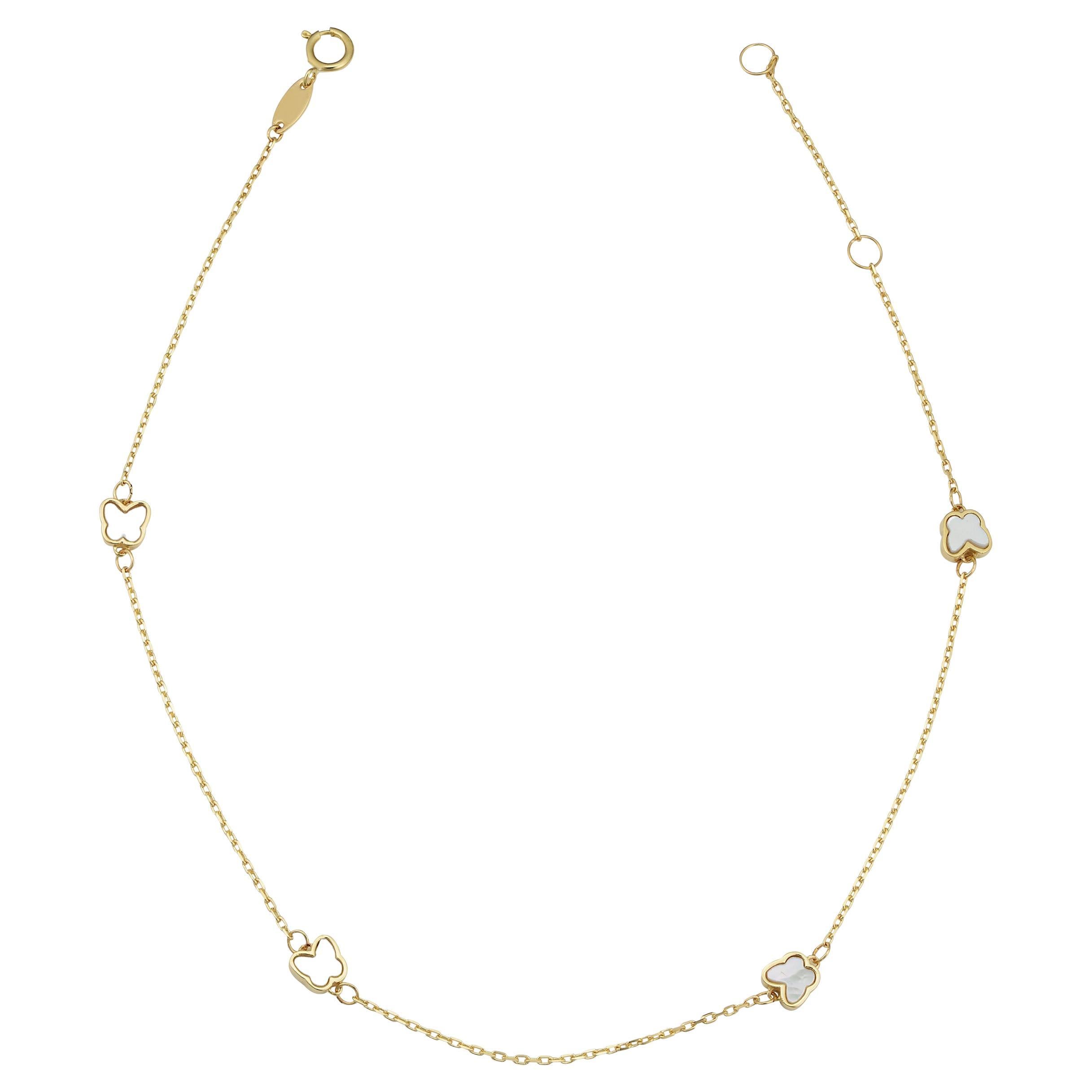 14K Yellow Gold Mother-of Pearl Butterfly Anklet Adjustable for Her For Sale