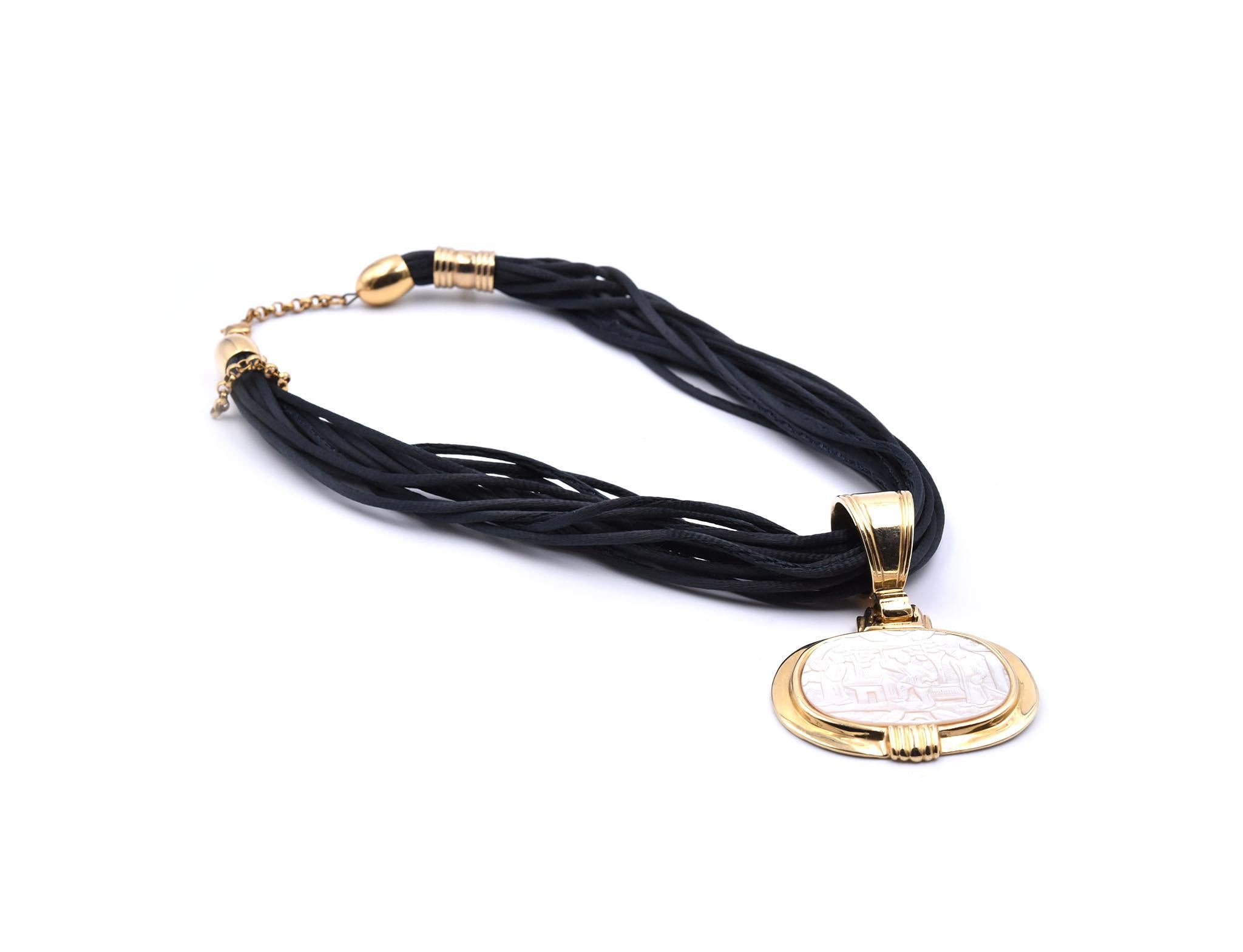 14 Karat Yellow Gold Mother of Pearl Cameo Style Cord Necklace at 1stDibs