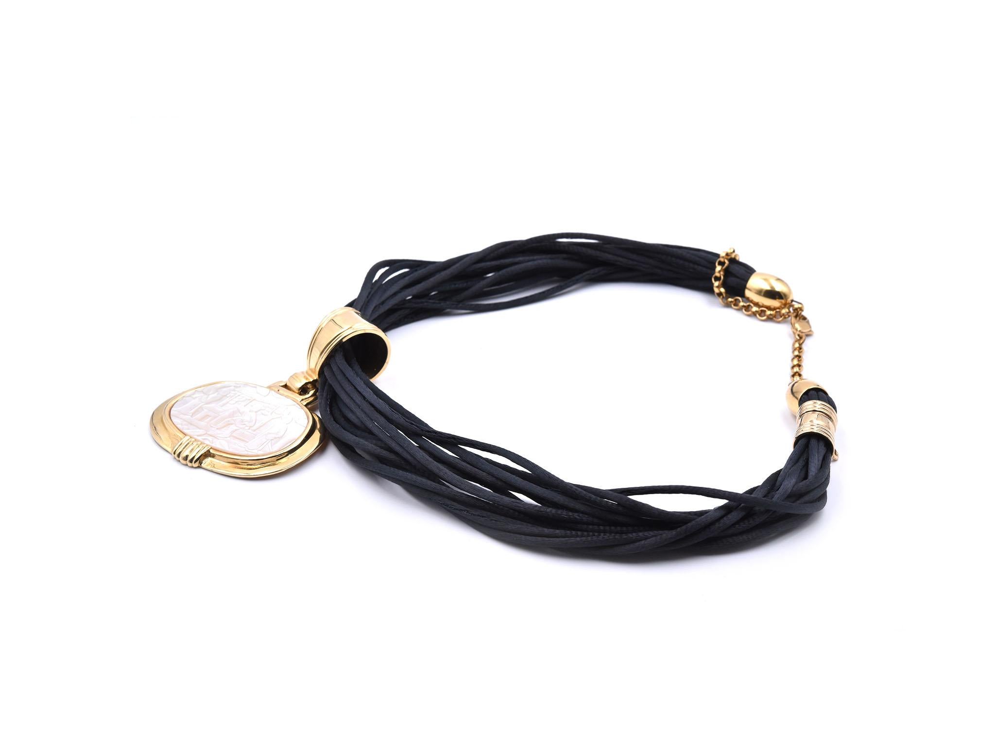 14 Karat Yellow Gold Mother of Pearl Cameo Style Cord Necklace at 1stDibs