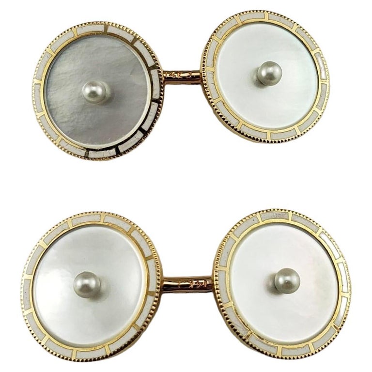 Boutons De Manchette Anciens En Or 14 Carats - Or Blanc Et Jaune, Incrustés De Nacre - Style Art Déco
