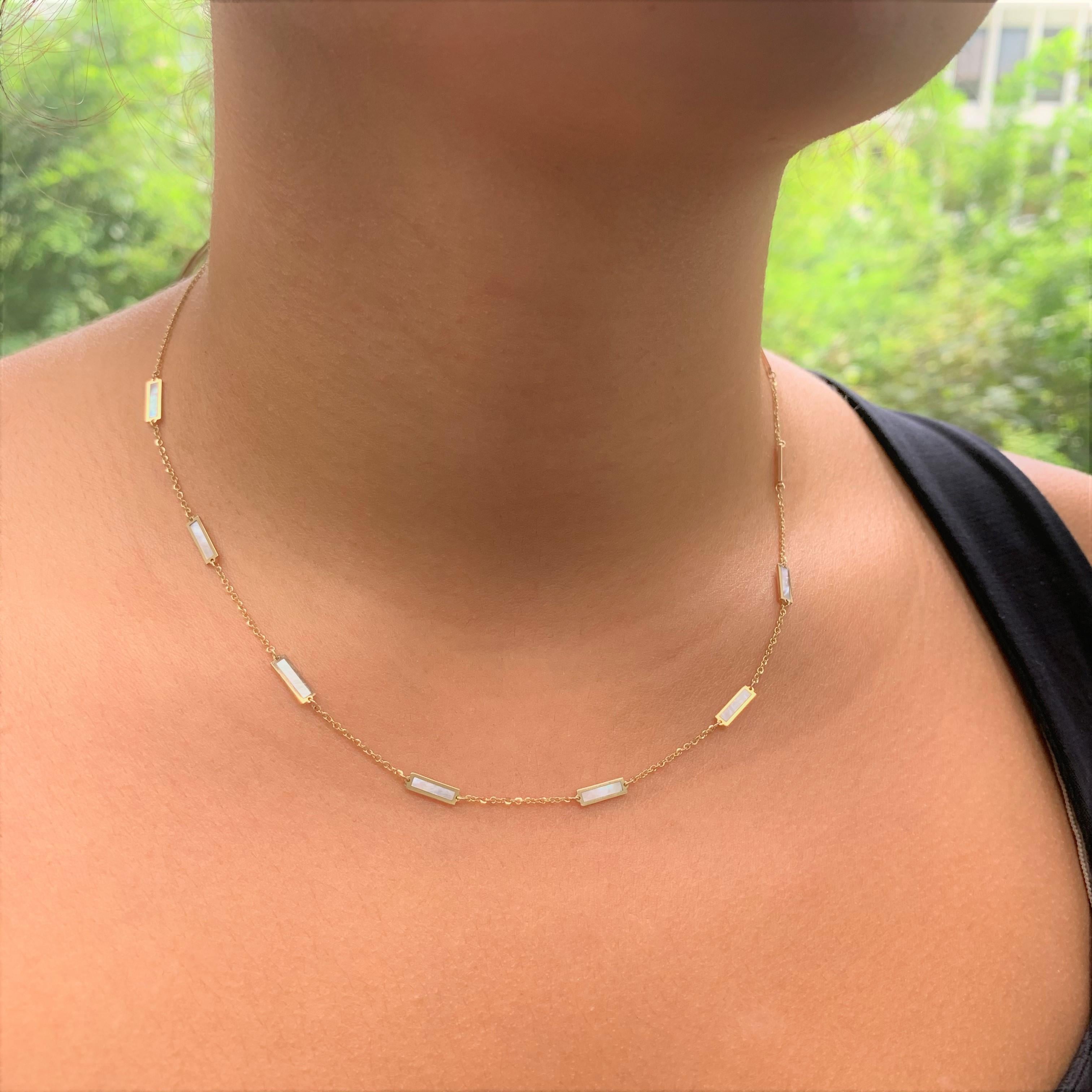 Women's 14k Yellow Gold & Mother of Pearl Inlay Station Bar Necklace For Sale