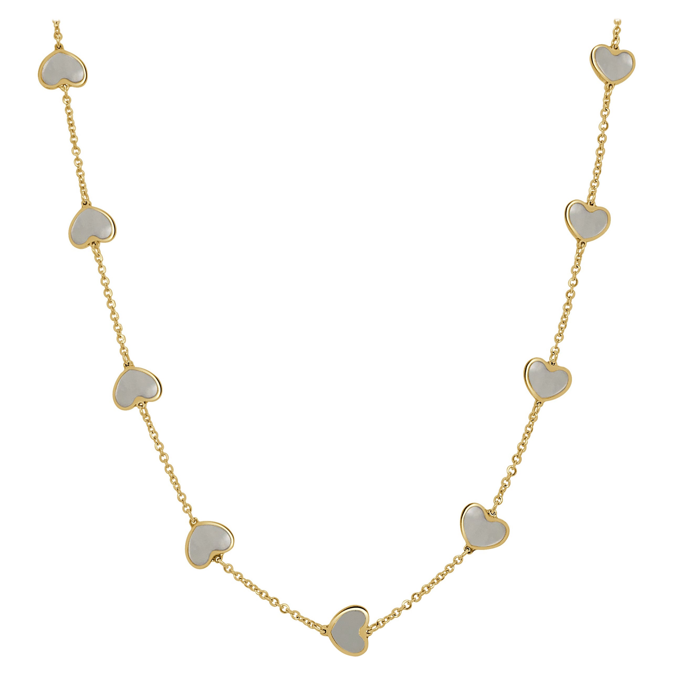 Collana con cuore a stazione in oro giallo 14k e intarsio di madreperla