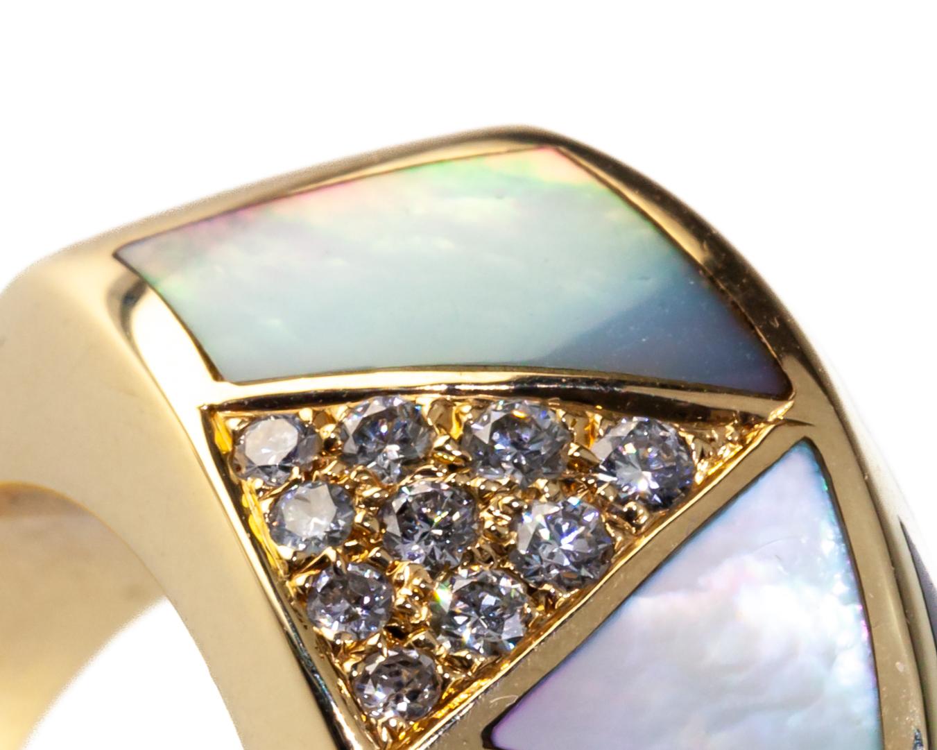 14k Yellow Gold Mother of Pearl, Onyx, and Diamond Ring and Earring Set For Sale 5