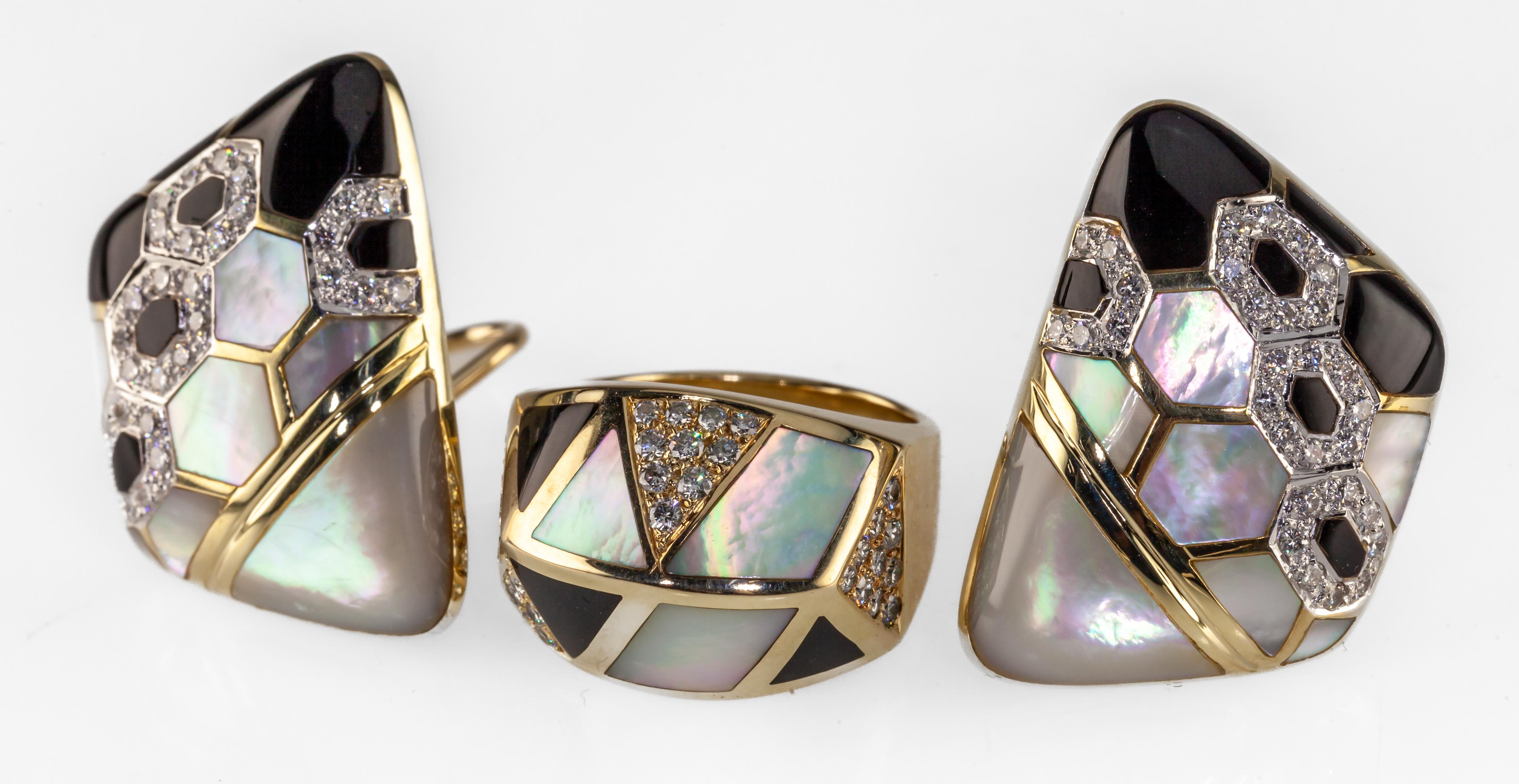 14k Yellow Gold Mother of Pearl, Onyx, and Diamond Ring and Earring Set

Beautiful Earring and Ring Set
Feature Custom Flush-Set Mother-of-Pearl and Onyx Inlay with Diamond Accents
Earrings Dimensions = Appx 30 mm x 20 mm Each
1.20 Cts of Diamonds