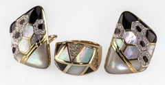 14k Yellow Gold Mother of Pearl, Onyx, and Diamond Ring and Earring Set
