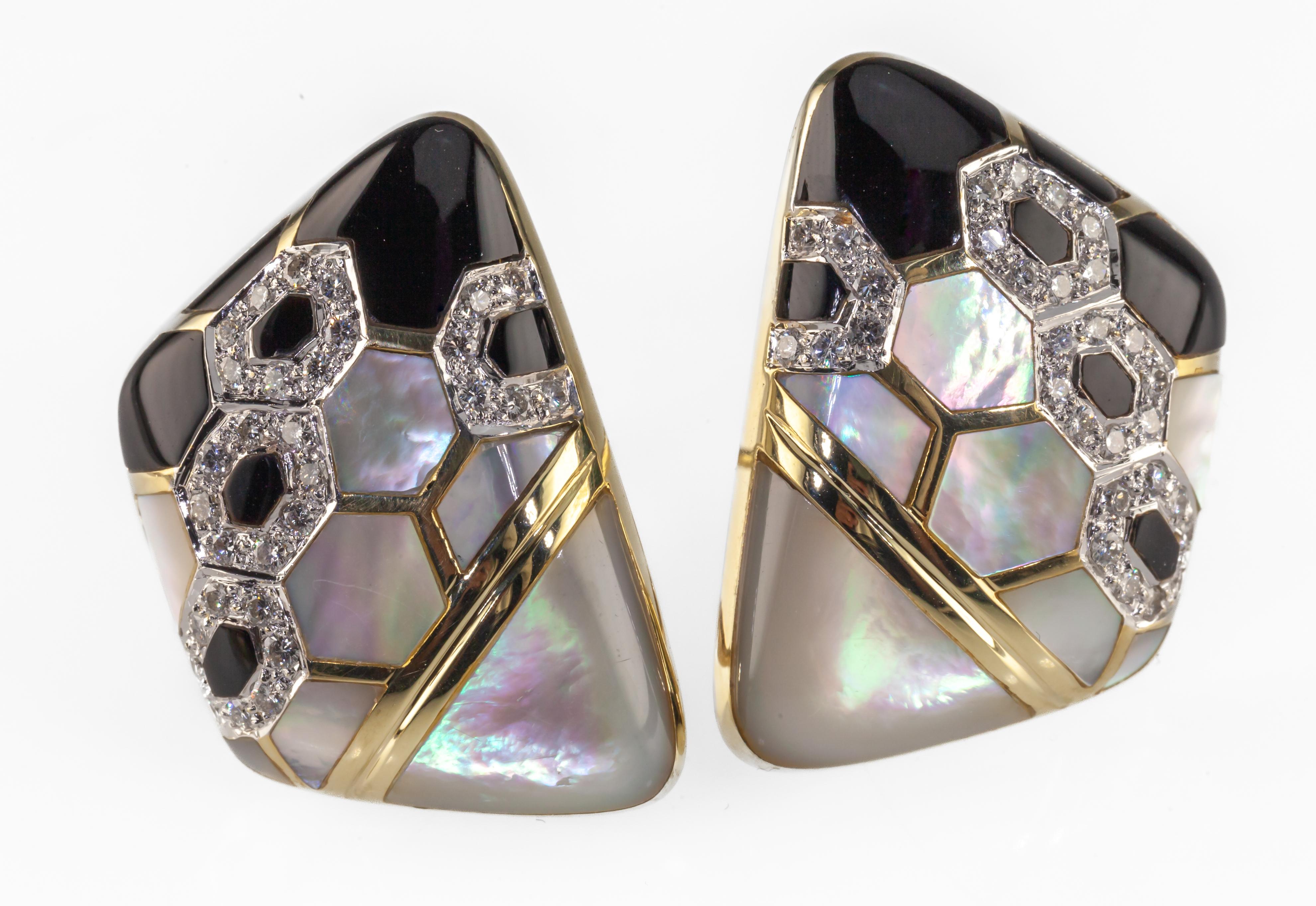 Modern 14k Yellow Gold Mother of Pearl, Onyx, and Diamond Ring and Earring Set For Sale