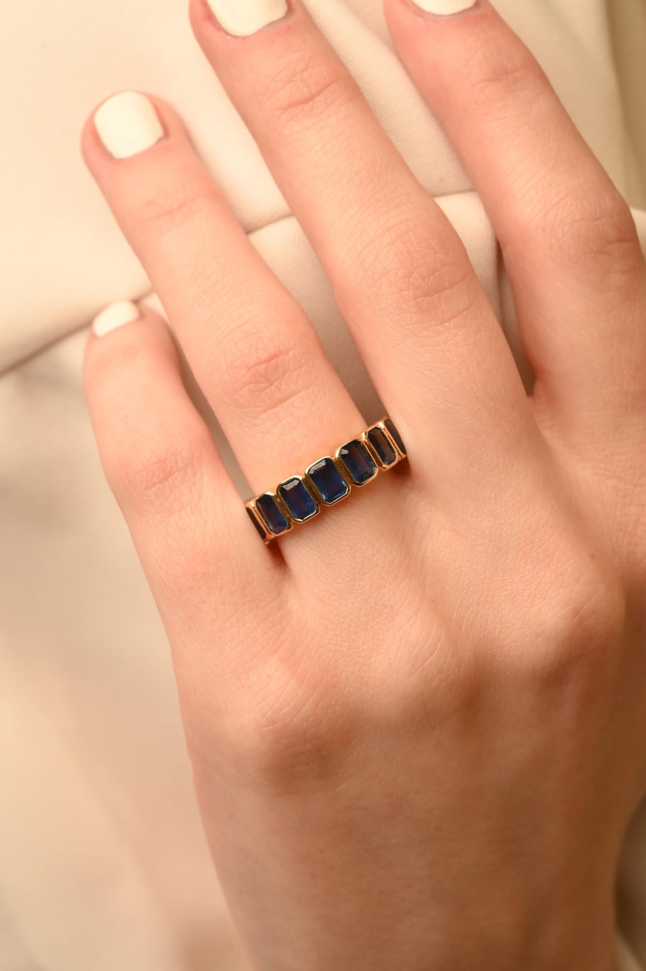 For Sale:  14K Yellow Gold Mounted 5.11 ct Blue Sapphire Eternity Band Ring Stacking Ring 9