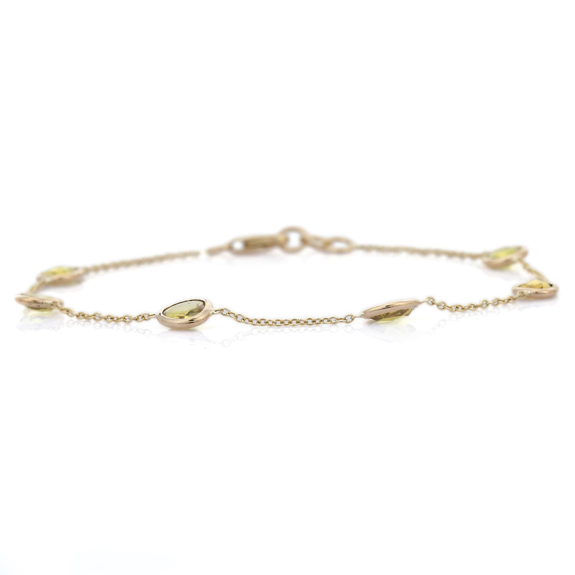 Women's 14k Yellow Gold Mounted Delicate Yellow Sapphire Stacking Chain Bracelet For Sale