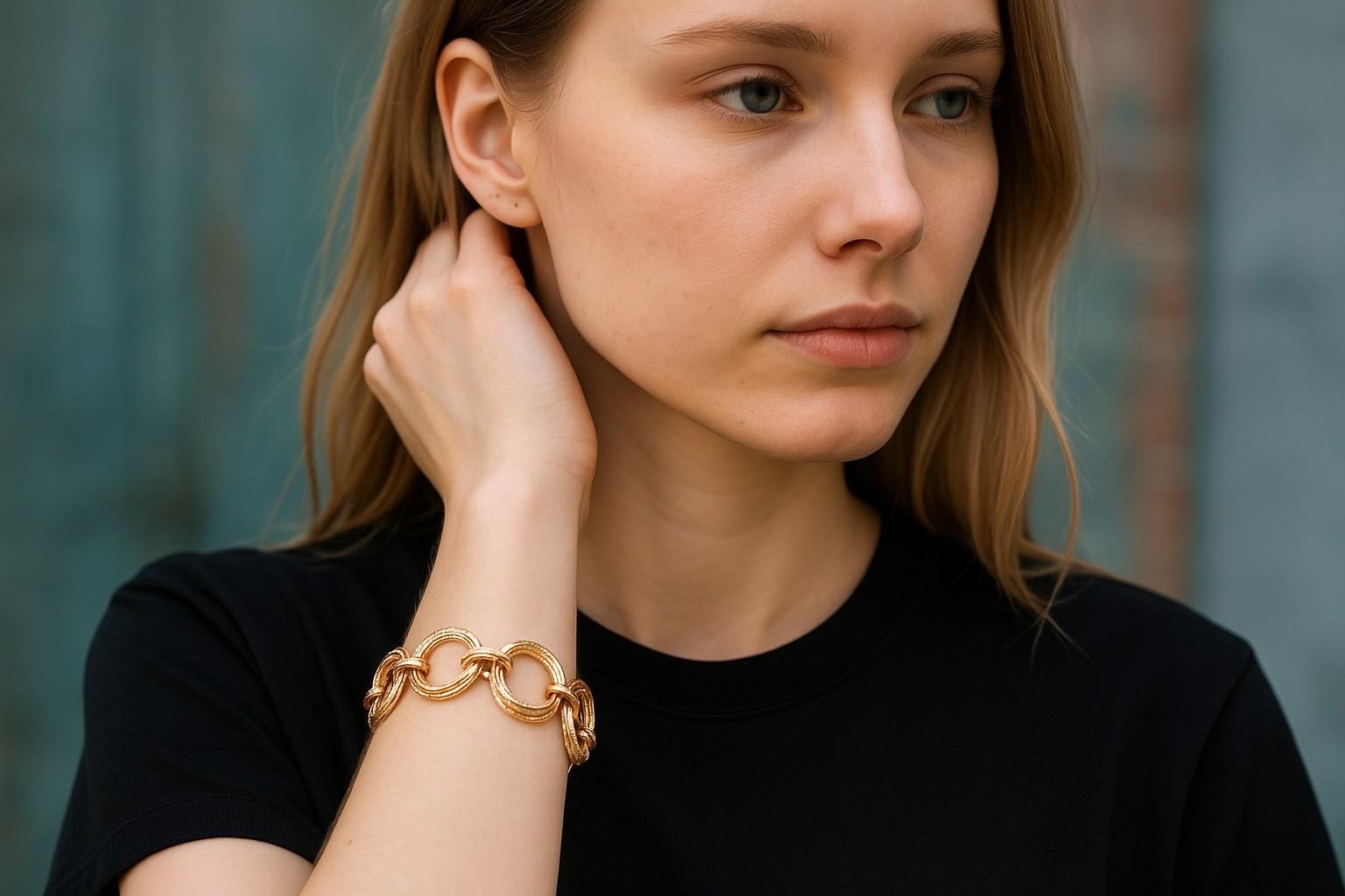 Pulsera de eslabones de oro amarillo de 14 quilates con varios círculos de una pulgada de ancho en venta 3
