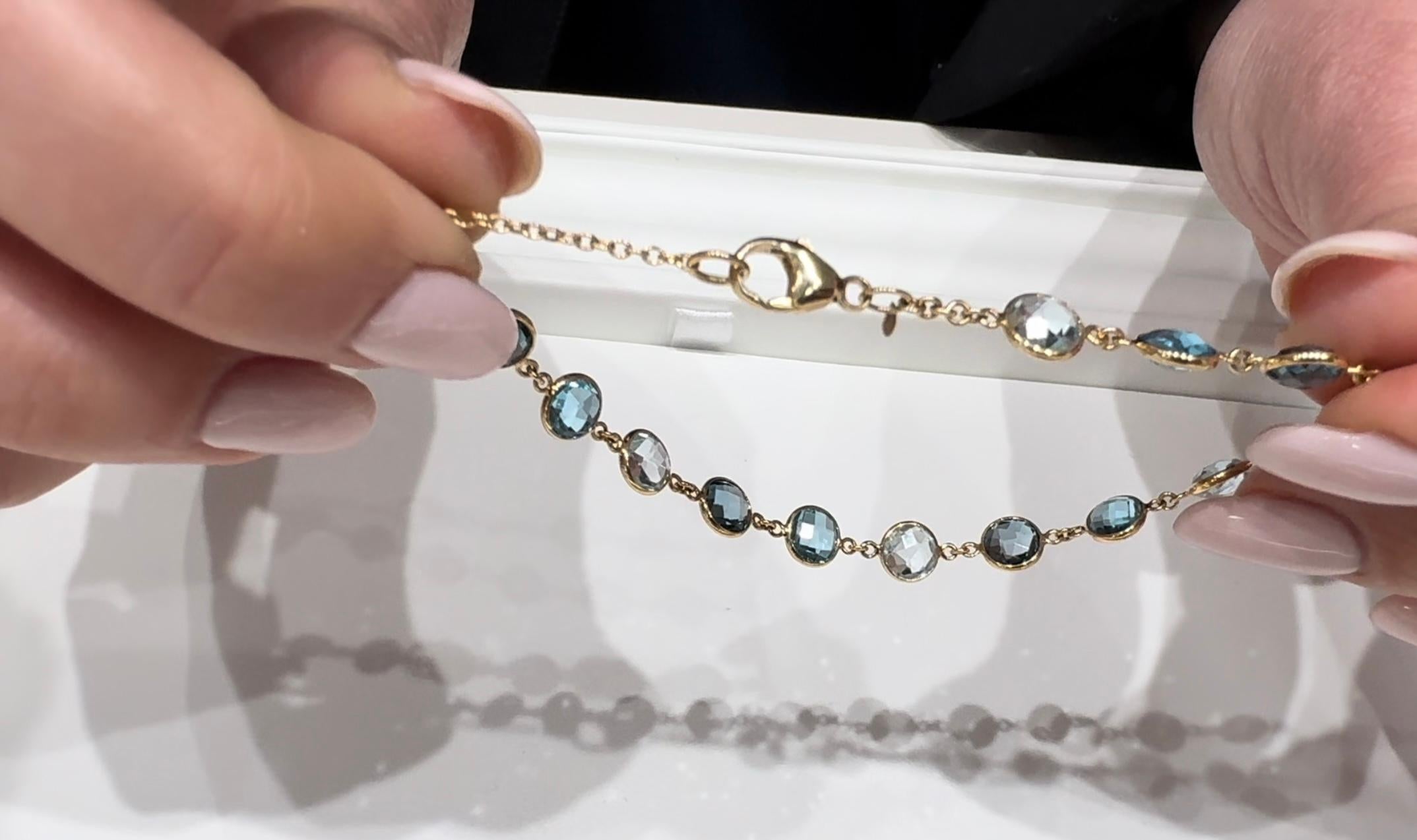 14K Yellow Gold Multi Hue Round Blue Topaz Riviera Bracelet with Extender In New Condition For Sale In Old Tappan, NJ