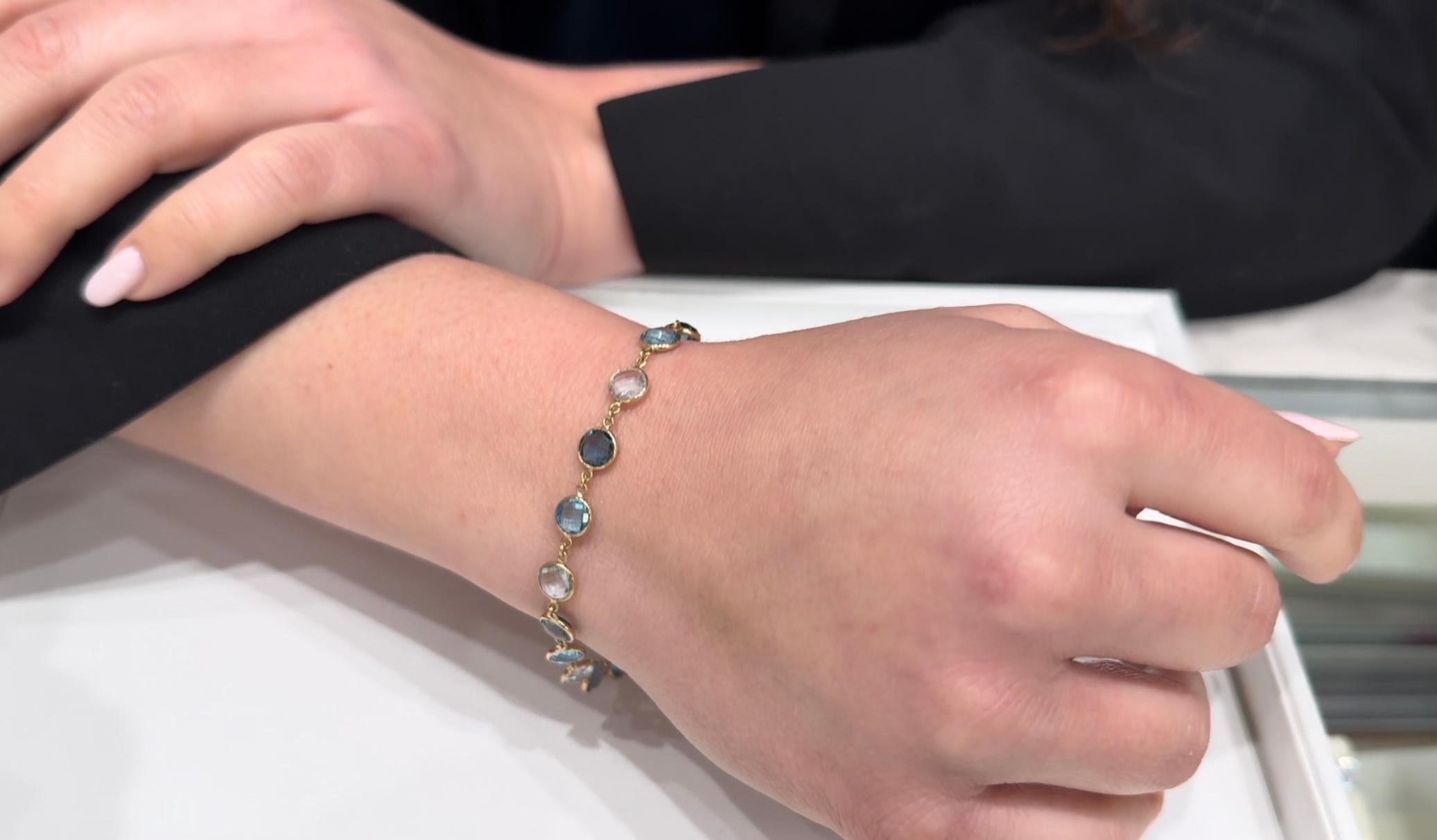 14K Yellow Gold Multi Hue Round Blue Topaz Riviera Bracelet with Extender For Sale 1
