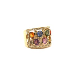 Anello in oro giallo 14K con gemme e diamanti multicolore