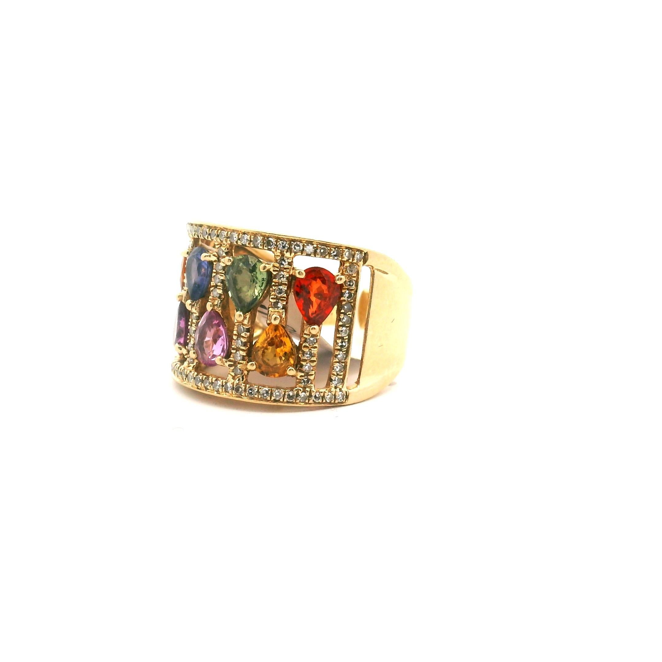 14K Yellow Gold Multi Color Gemstone and Diamond Ring In Good Condition For Sale In Sausalito, CA