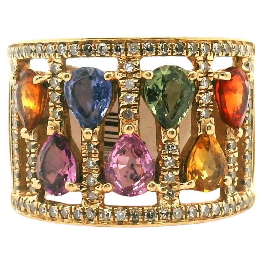 14K Yellow Gold Multi Color Gemstone and Diamond Ring