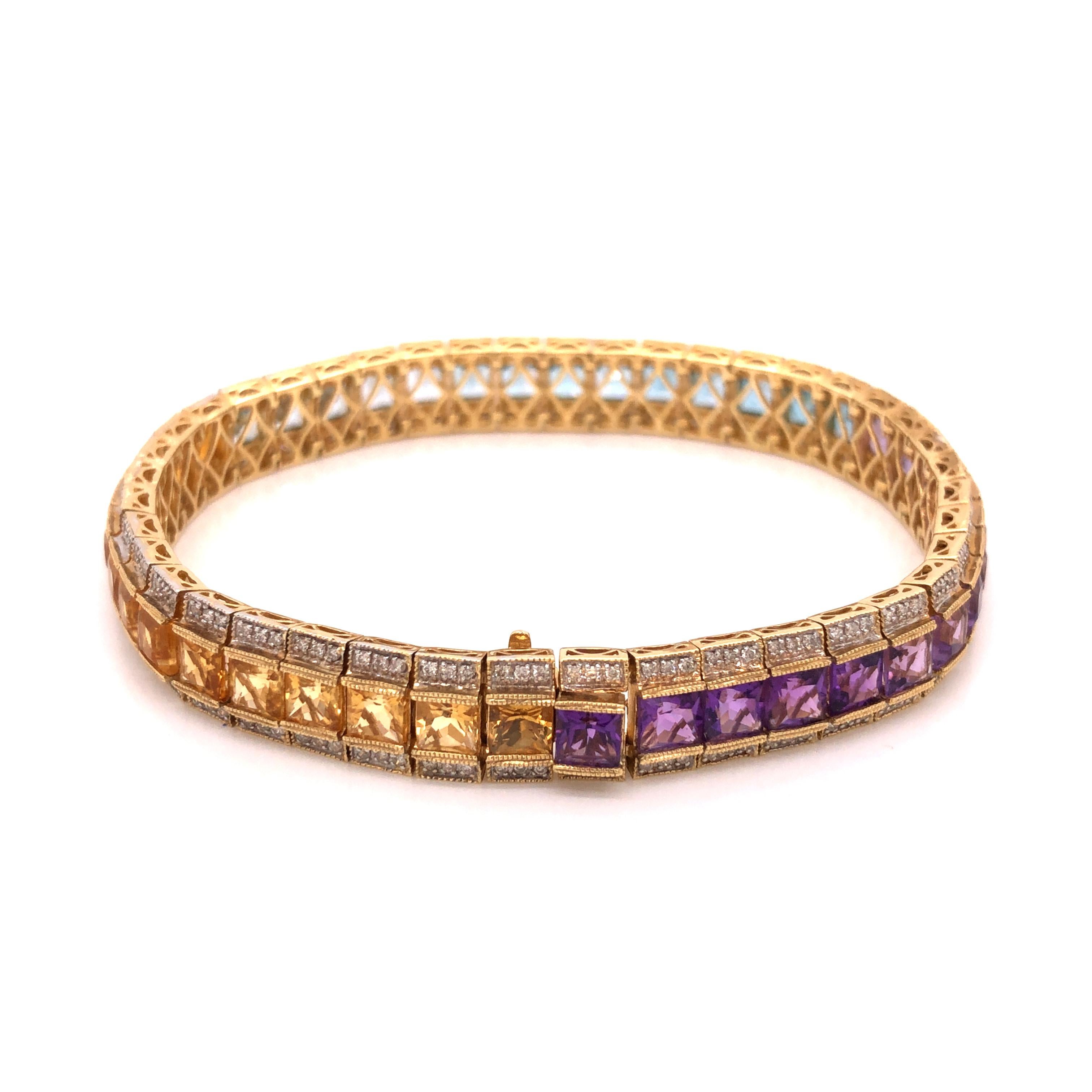 Princess Cut 14 Karat Yellow Gold Multi-Color Gemstone Diamond Bracelet For Sale