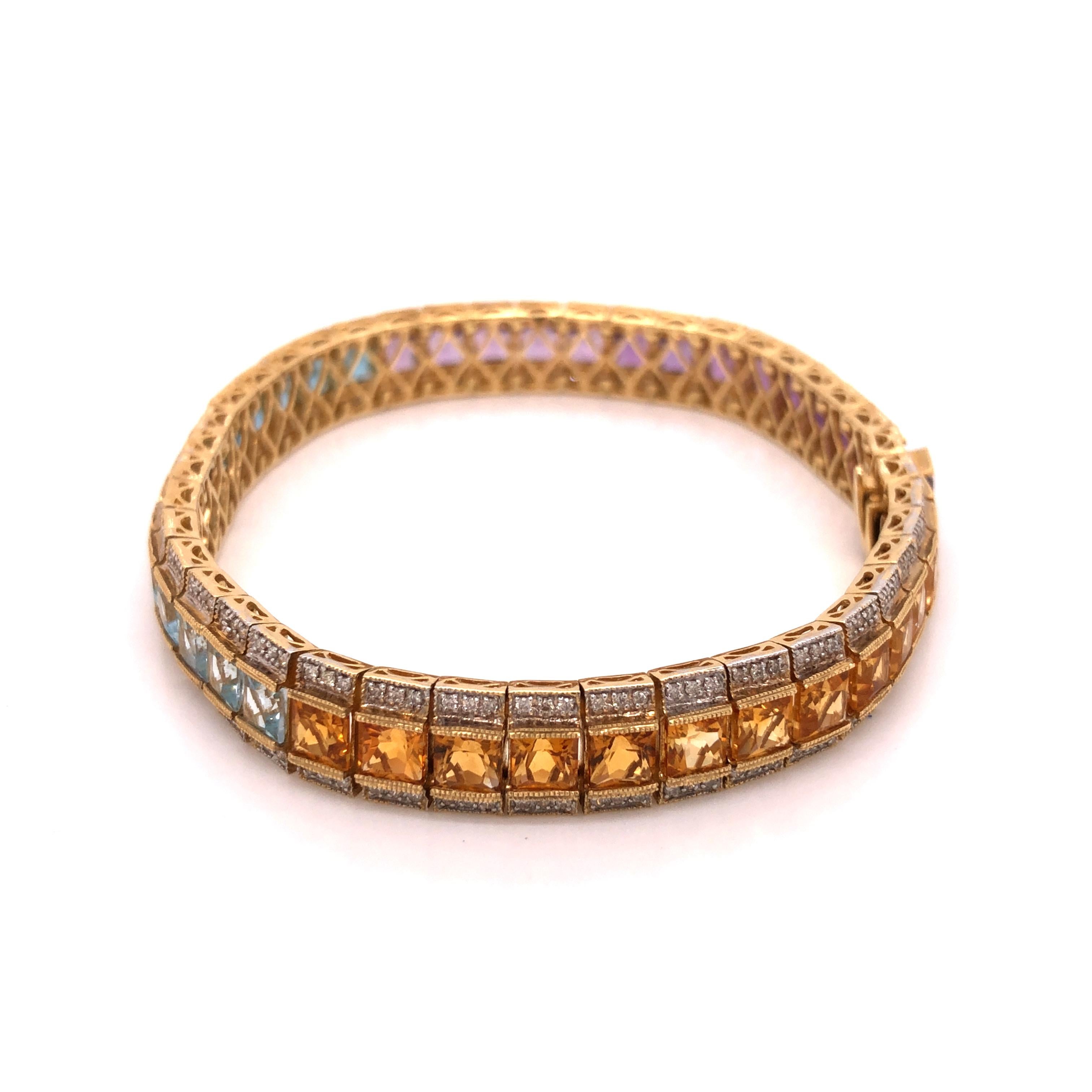 14 Karat Yellow Gold Multi-Color Gemstone Diamond Bracelet In Excellent Condition For Sale In New York, NY