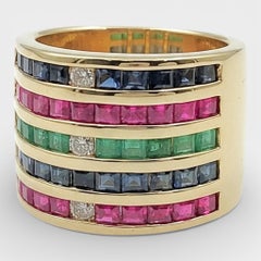 14K Yellow Gold Multi Color Gemstone Wide Ring with Round Diamonds. (Size 7.0)