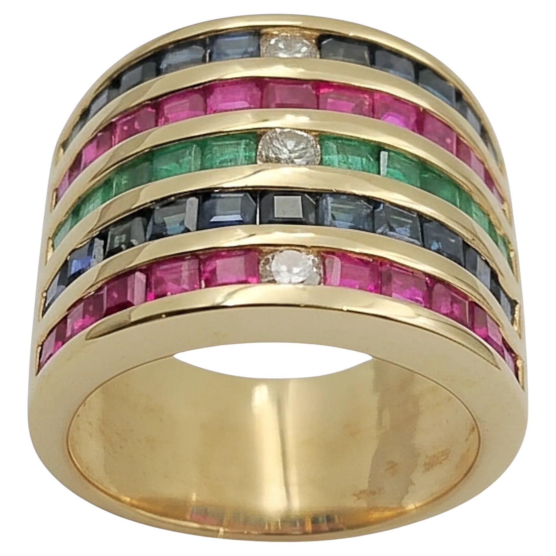 14K Gelbgold Multi Color Edelstein breiten Ring mit runden Diamanten. (Größe 7.0)