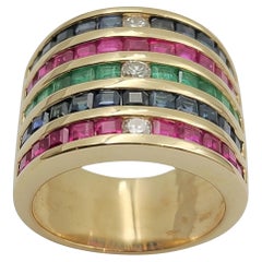 14K Yellow Gold Multi Color Gemstone Wide Ring with Round Diamonds. (Size 7.0)