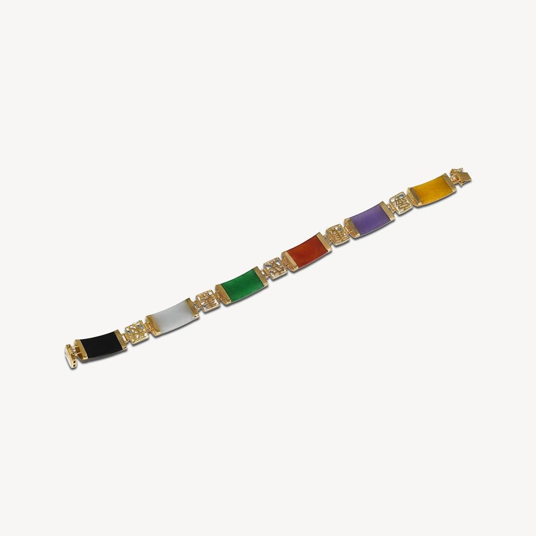 Women's or Men's 14K Yellow Gold Multi Color Jade Bracelet 7