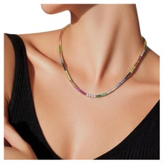 14K Yellow Gold Multi-Color Sapphire Tennis Necklace, 7.60 CT