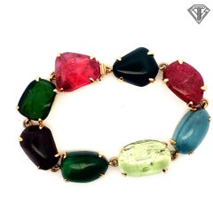 14k Yellow Gold Multi-Color Tourmaline Cabochon Statement Bracelet 150CTW
