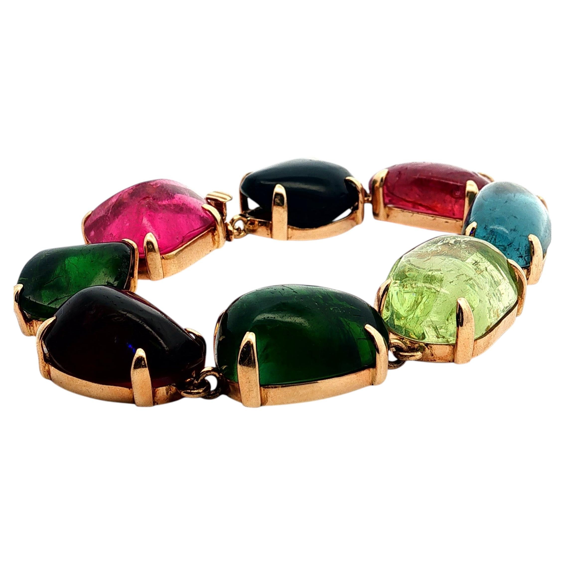 14k Yellow Gold Multi-Color Tourmaline Cabochon Statement Bracelet 150CTW