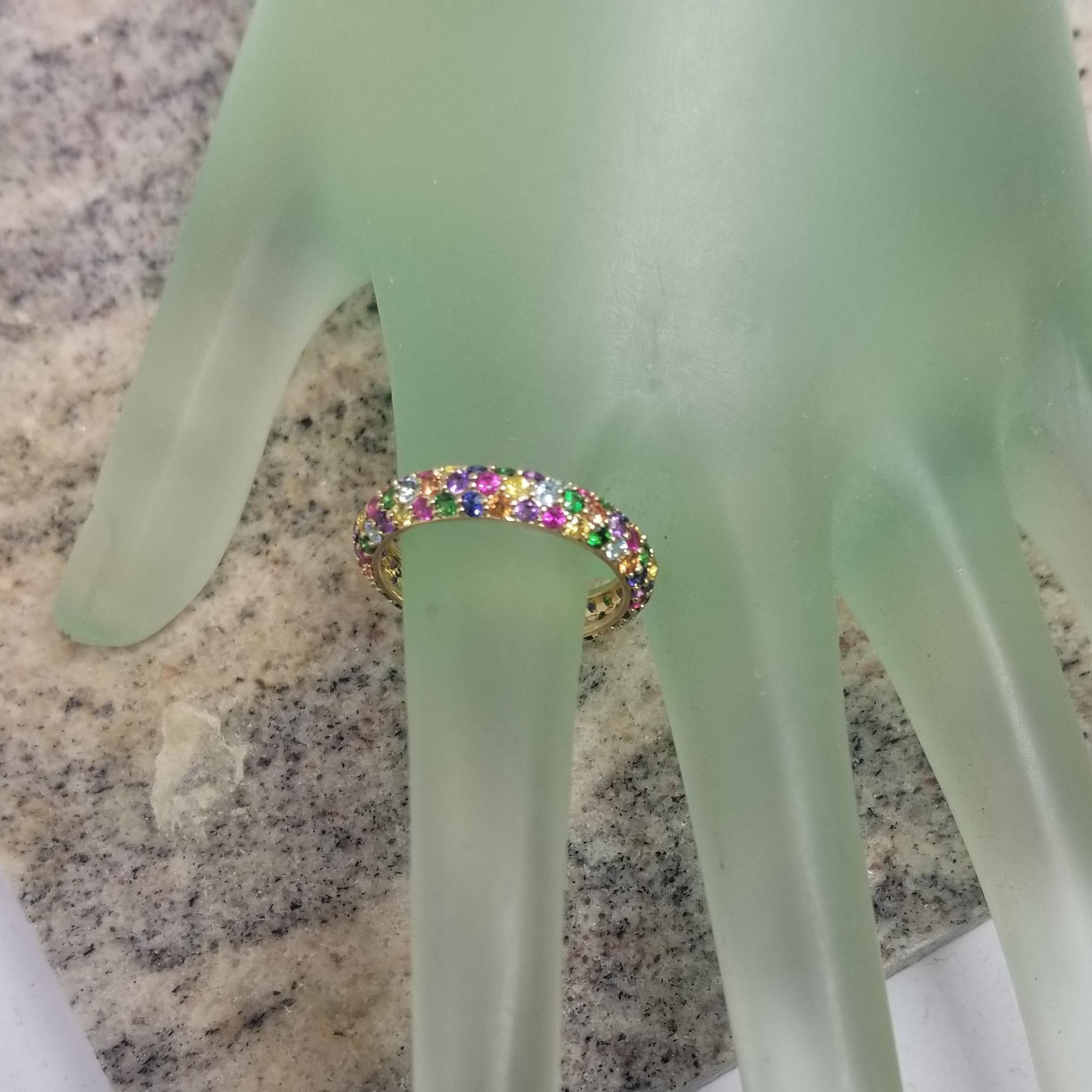 Round Cut 14K Yellow gold  Multi colored Gem stone eternity ring 2.50cts. For Sale