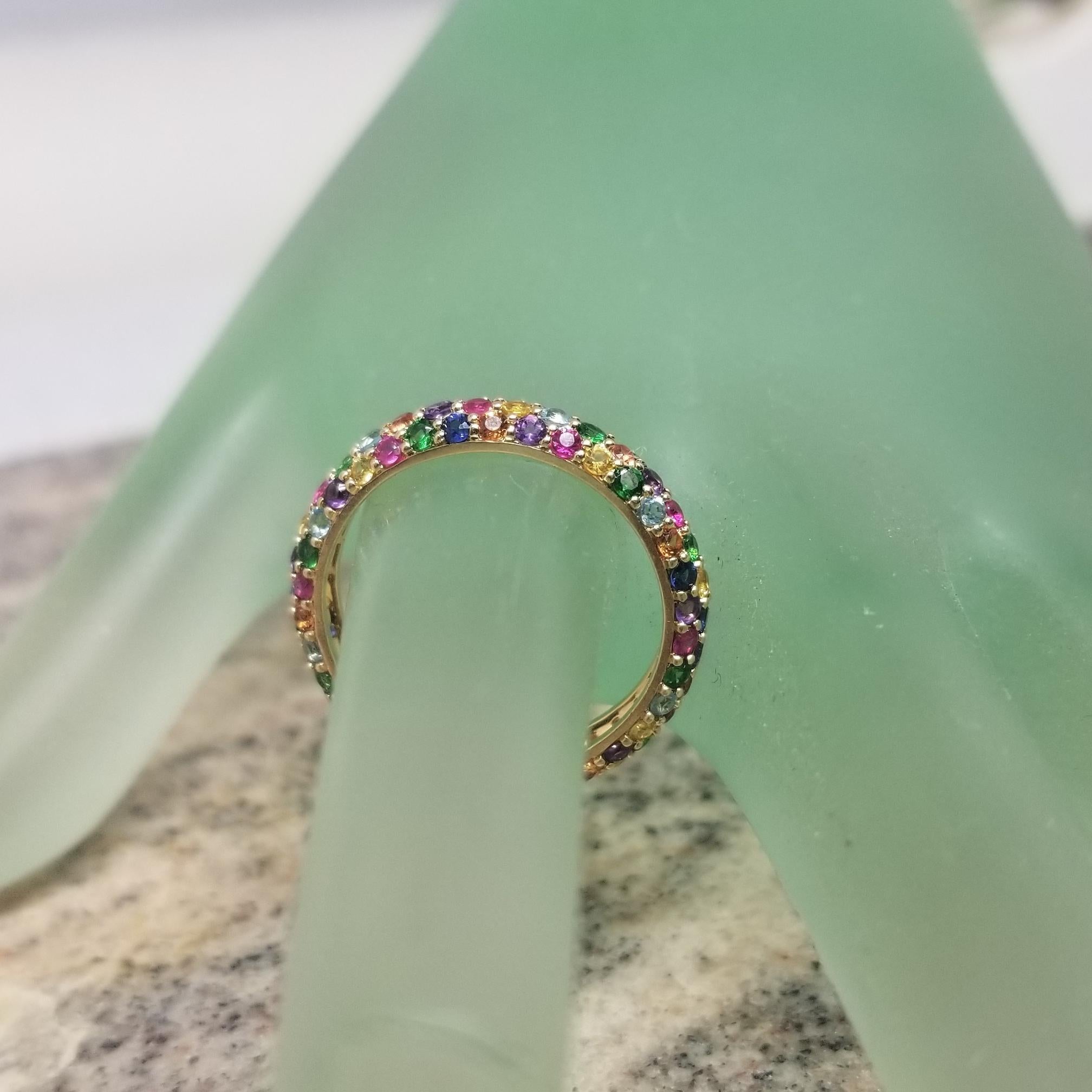 14K Yellow gold  Multi colored Gem stone eternity ring 2.50cts. In Excellent Condition For Sale In Los Angeles, CA
